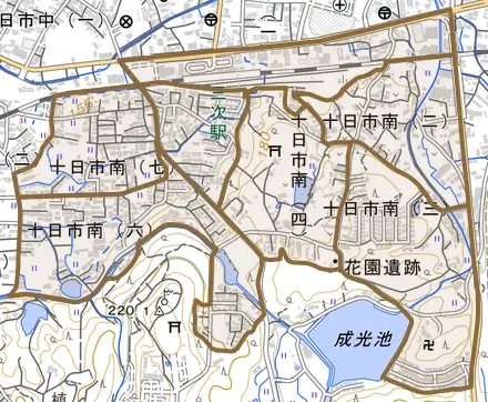 十日市南とその周辺の地図。町の範囲を重ねている