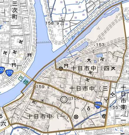 十日市中とその周辺の地図。町の範囲を重ねている