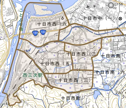 十日市西とその周辺の地図。町の範囲を重ねている
