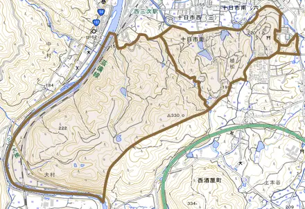 十日市町とその周辺の地図。町の範囲を重ねている