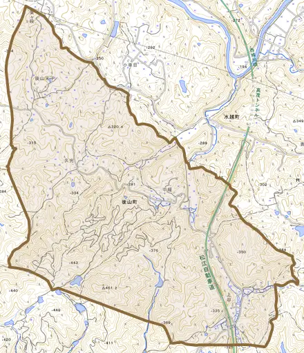 後山町とその周辺の地図。町の範囲を重ねている