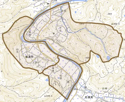 海渡町とその周辺の地図。町の範囲を重ねている