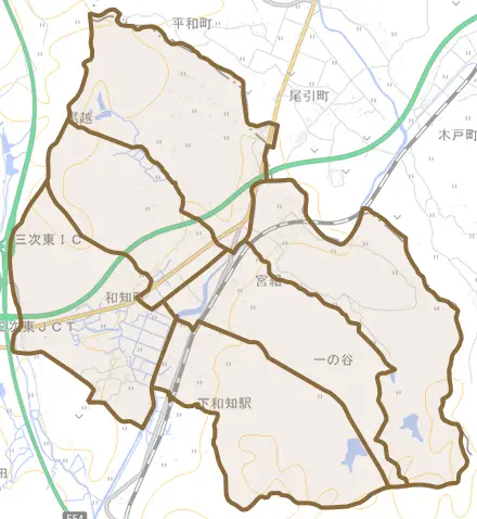 和知町とその周辺の地図。町の範囲を重ねている