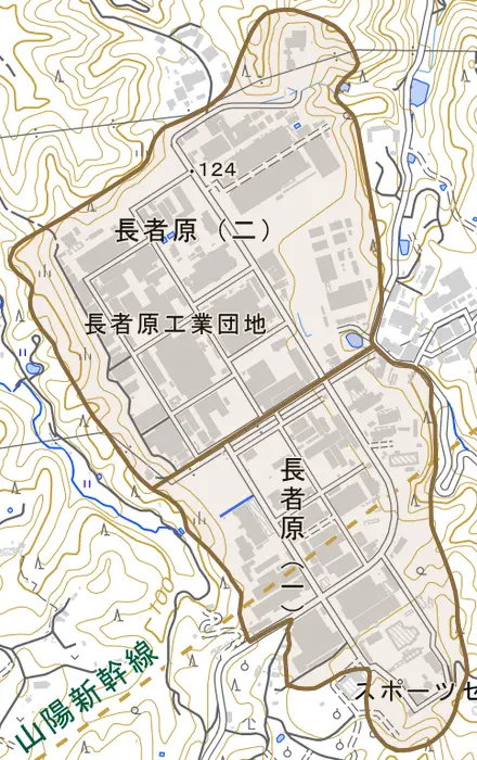 長者原とその周辺の地図。町の範囲を重ねている