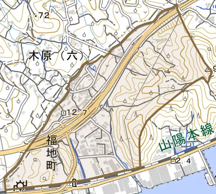 福地町とその周辺の地図。町の範囲を重ねている
