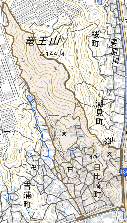 日比崎町とその周辺の地図。町の範囲を重ねている