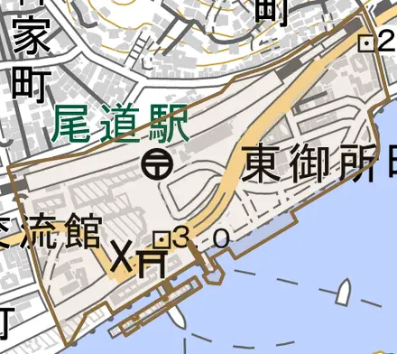 東御所町とその周辺の地図。町の範囲を重ねている