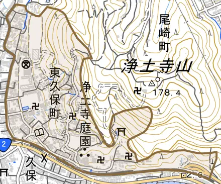 東久保町とその周辺の地図。町の範囲を重ねている