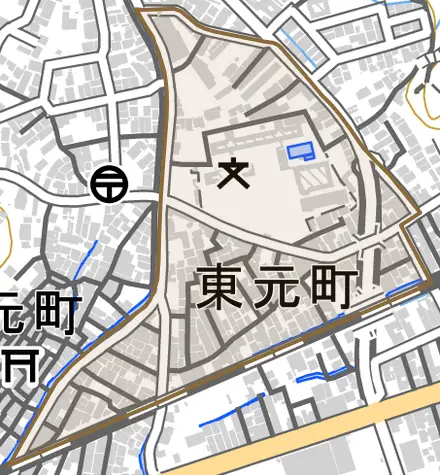 東元町とその周辺の地図。町の範囲を重ねている
