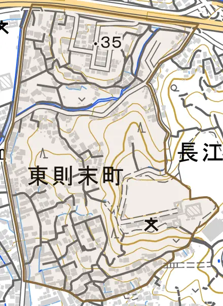 東則末町とその周辺の地図。町の範囲を重ねている
