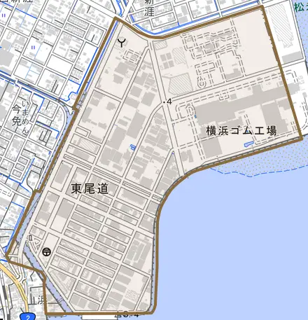 東尾道とその周辺の地図。町の範囲を重ねている