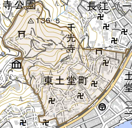 東土堂町とその周辺の地図。町の範囲を重ねている