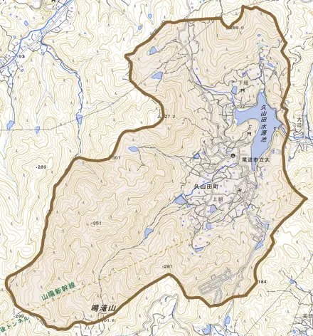 久山田町とその周辺の地図。町の範囲を重ねている