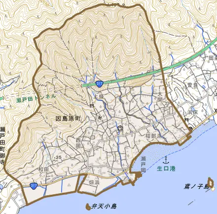 因島原町とその周辺の地図。町の範囲を重ねている