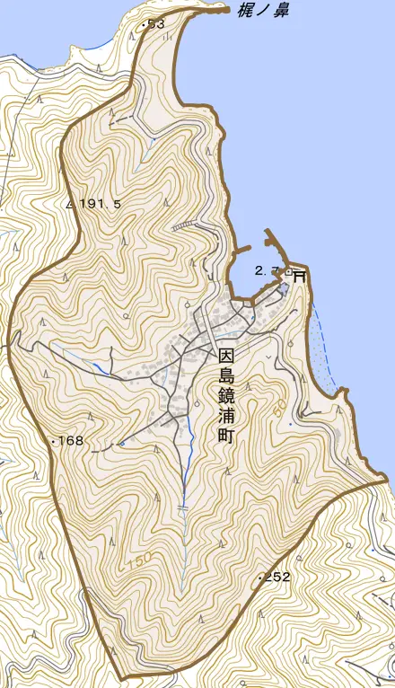 因島鏡浦町とその周辺の地図。町の範囲を重ねている