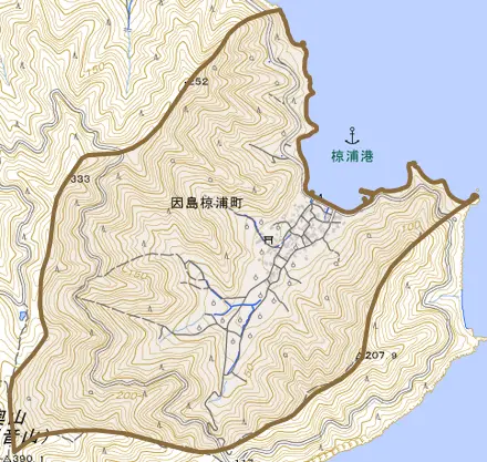 因島椋浦町とその周辺の地図。町の範囲を重ねている