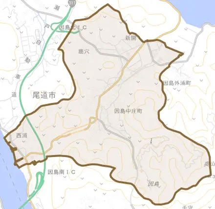 因島中庄町とその周辺の地図。町の範囲を重ねている