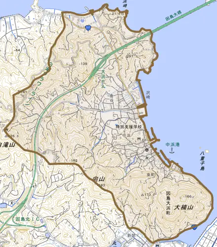 因島大浜町とその周辺の地図。町の範囲を重ねている