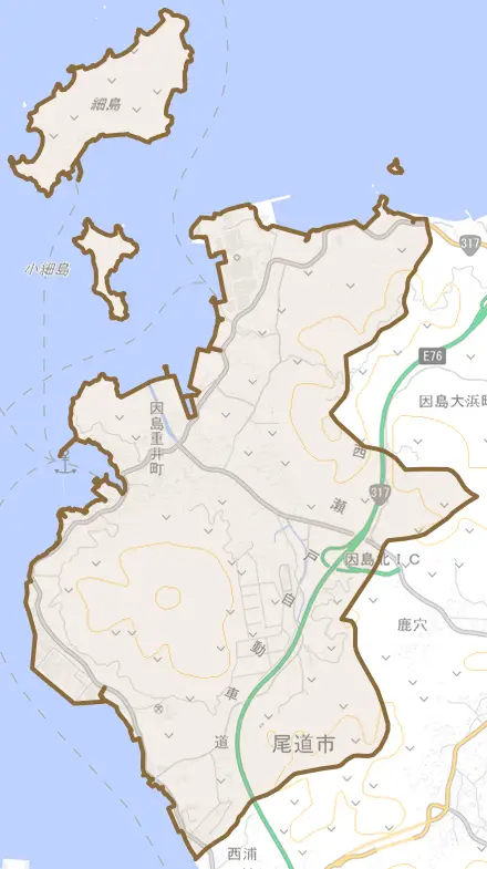 因島重井町とその周辺の地図。町の範囲を重ねている
