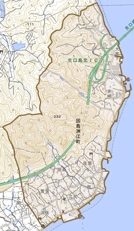 因島洲江町とその周辺の地図。町の範囲を重ねている