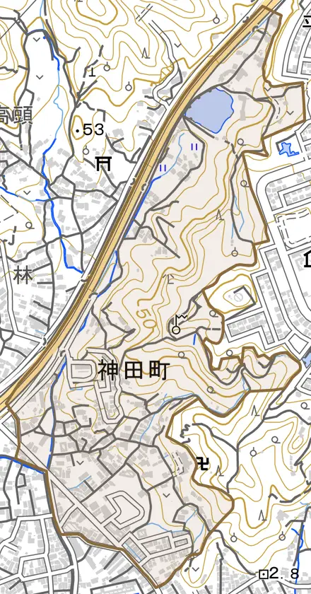 神田町とその周辺の地図。町の範囲を重ねている