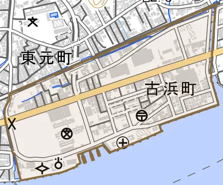 古浜町とその周辺の地図。町の範囲を重ねている