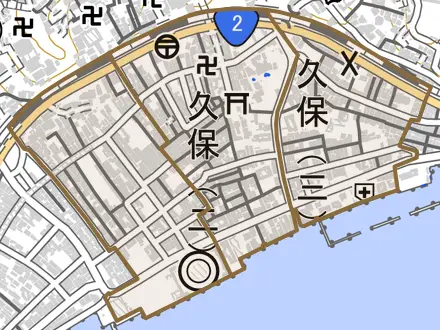 久保とその周辺の地図。町の範囲を重ねている
