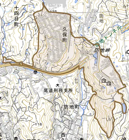 久保町とその周辺の地図。町の範囲を重ねている