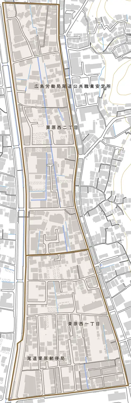 栗原西とその周辺の地図。町の範囲を重ねている