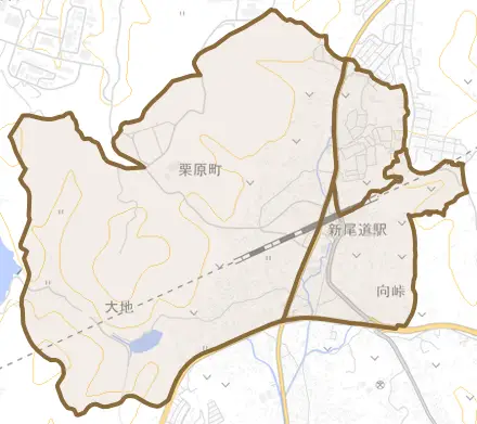 栗原町とその周辺の地図。町の範囲を重ねている