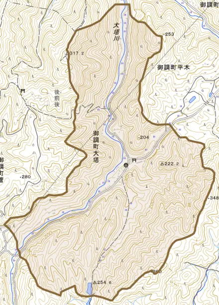 御調町大塔とその周辺の地図。町の範囲を重ねている