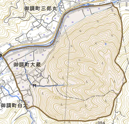御調町大蔵とその周辺の地図。町の範囲を重ねている