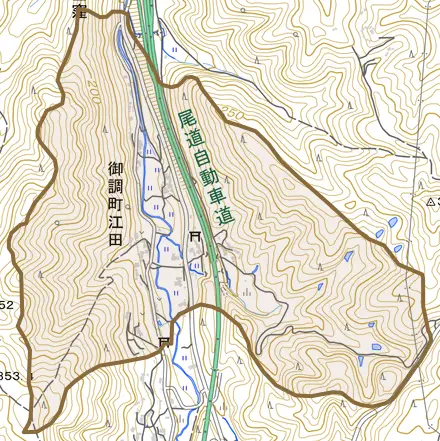 御調町江田とその周辺の地図。町の範囲を重ねている