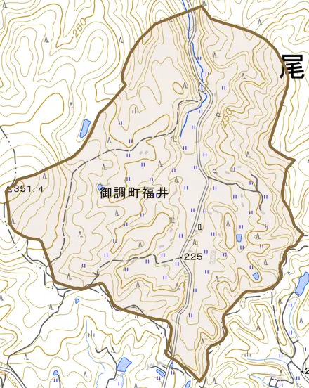 御調町福井とその周辺の地図。町の範囲を重ねている