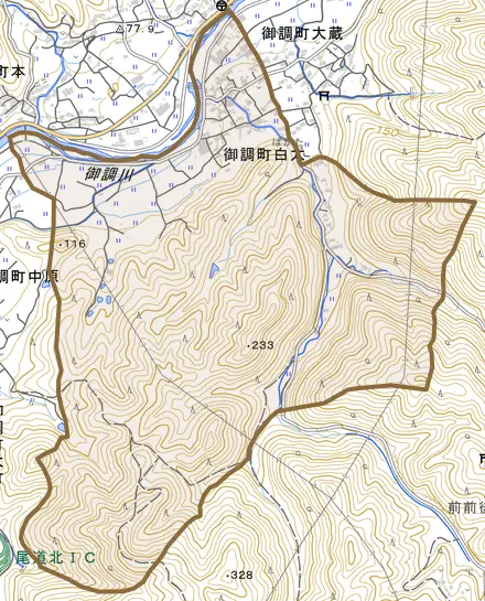 御調町白太とその周辺の地図。町の範囲を重ねている