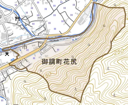 御調町花尻とその周辺の地図。町の範囲を重ねている