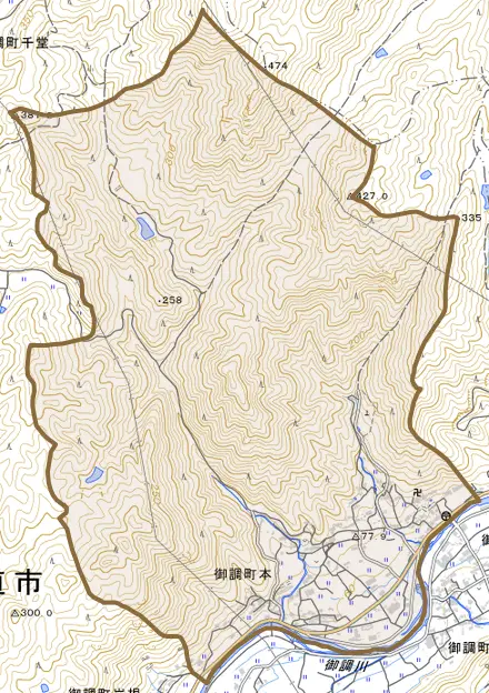 御調町本とその周辺の地図。町の範囲を重ねている