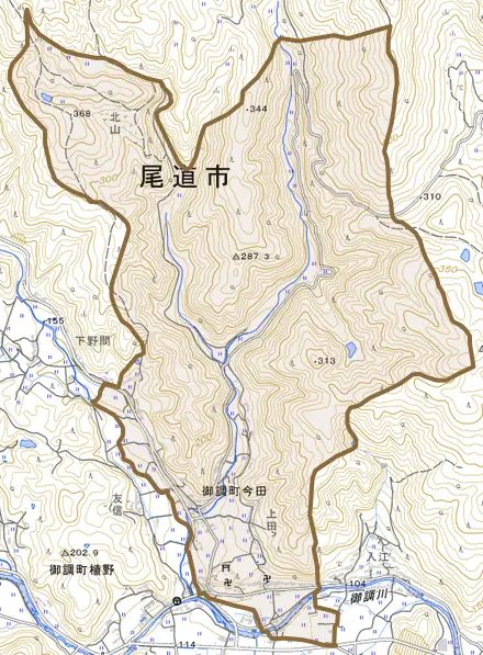 御調町今田とその周辺の地図。町の範囲を重ねている