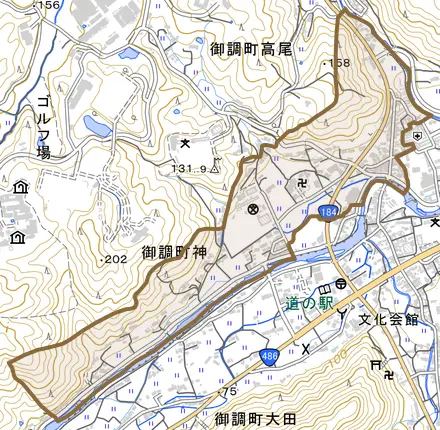 御調町神とその周辺の地図。町の範囲を重ねている