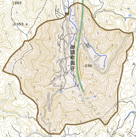 御調町国守とその周辺の地図。町の範囲を重ねている