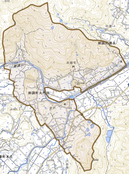 御調町丸門田とその周辺の地図。町の範囲を重ねている