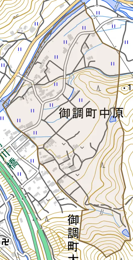 御調町中原とその周辺の地図。町の範囲を重ねている