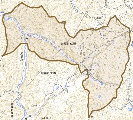 御調町仁野とその周辺の地図。町の範囲を重ねている