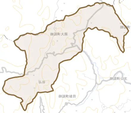 御調町大原とその周辺の地図。町の範囲を重ねている