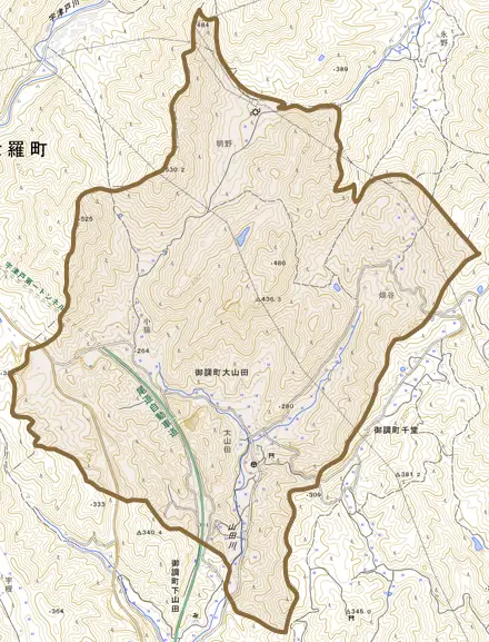 御調町大山田とその周辺の地図。町の範囲を重ねている