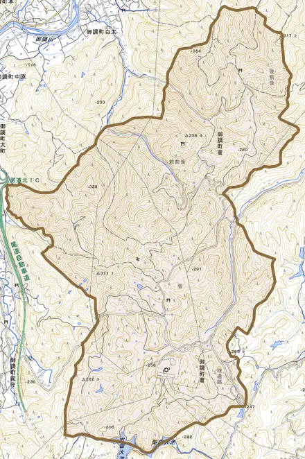 御調町菅とその周辺の地図。町の範囲を重ねている