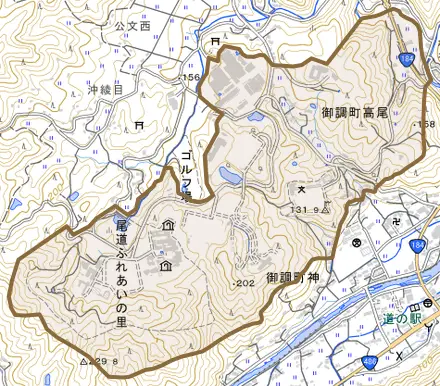 御調町高尾とその周辺の地図。町の範囲を重ねている