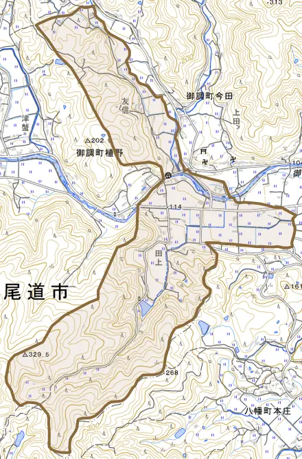 御調町植野とその周辺の地図。町の範囲を重ねている