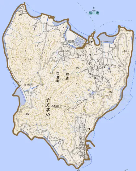 百島町とその周辺の地図。町の範囲を重ねている