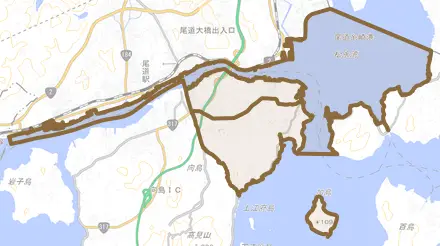向東町とその周辺の地図。町の範囲を重ねている